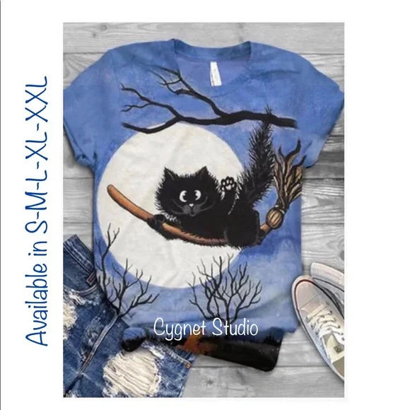 🚫SOLD‼️ Black Cat Riding Witches Broom under a full Moon Blue T-Shirt/Top - Lg - Picture 2 of 2
